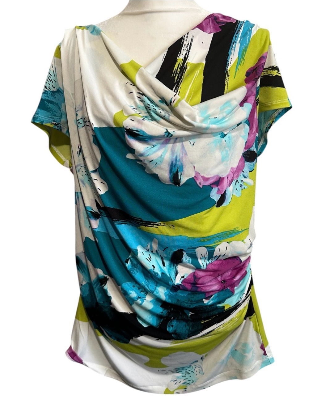 Worthington Draped Floral Cowl Neck Top in Teal, Lime & Purple size L